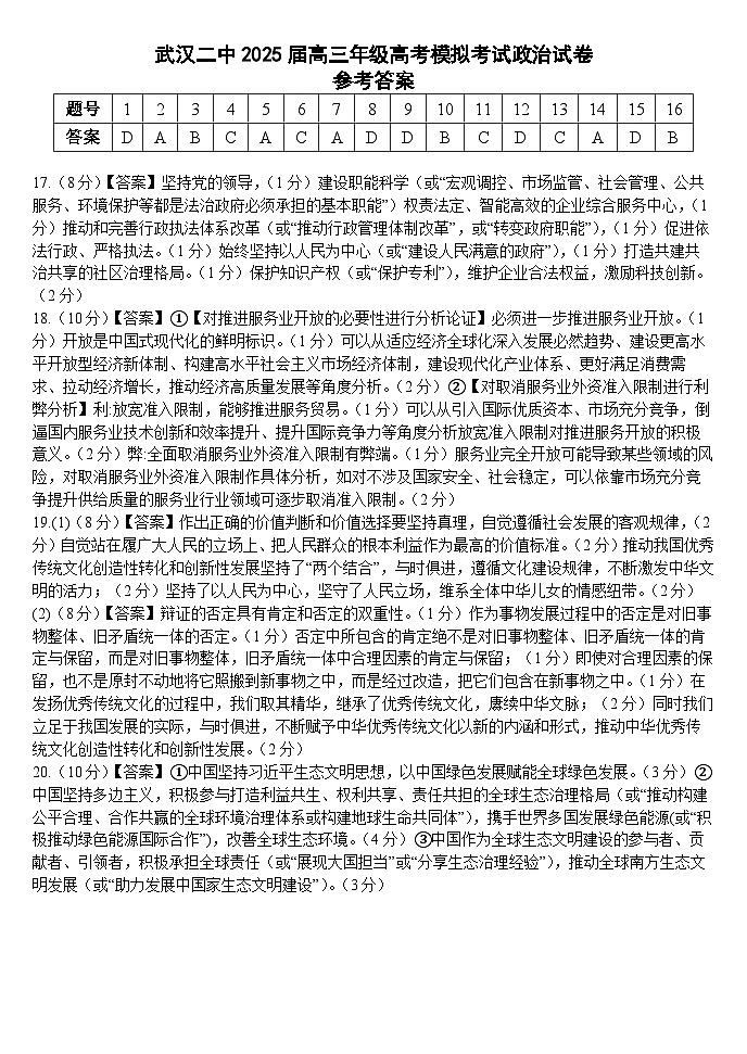 湖北省武汉二中2025届高三年级5月模拟考试政治答案第1页