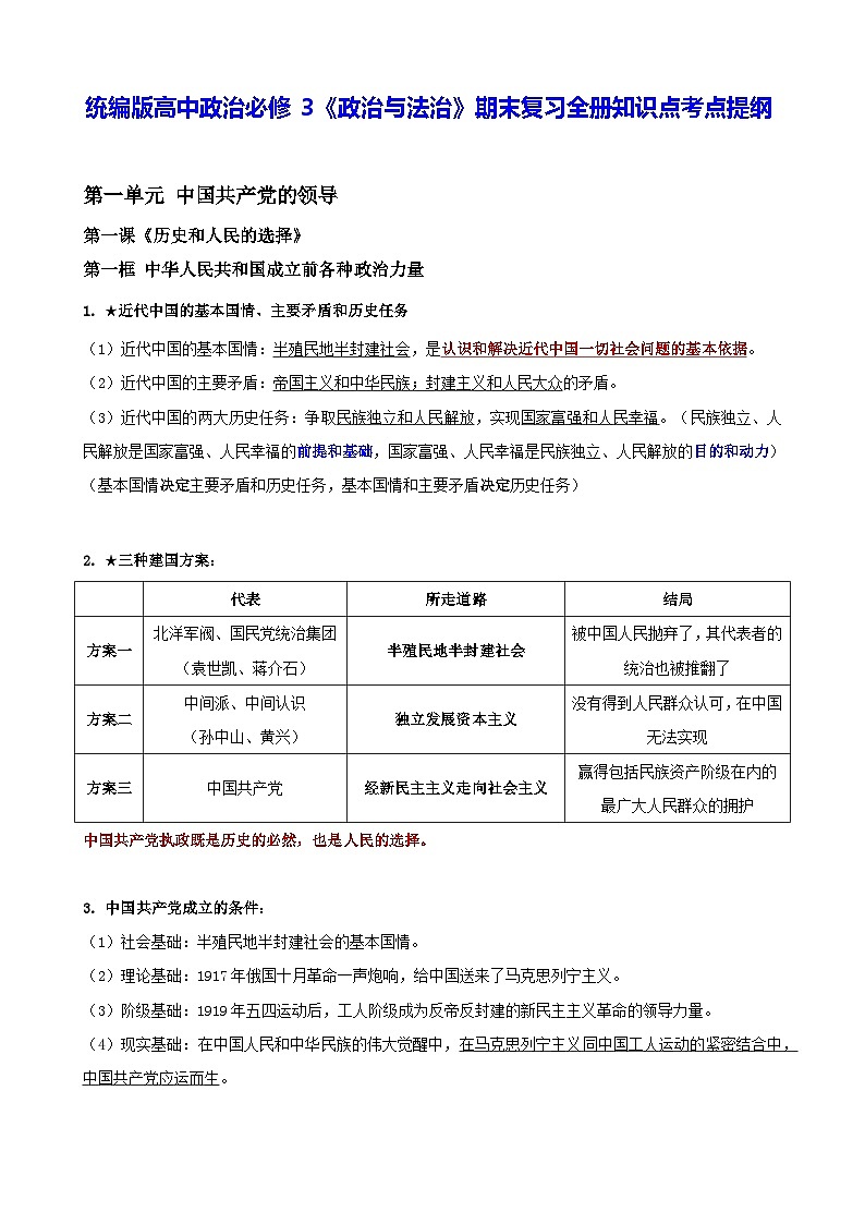 统编版高中政治必修3《政治与法治》期末复习全册知识点考点提纲第1页