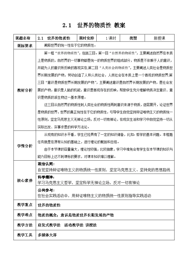 2.1 世界的物质性 教学设计 2024-2025学年 高中政治统编版必修四 哲学与文化第1页
