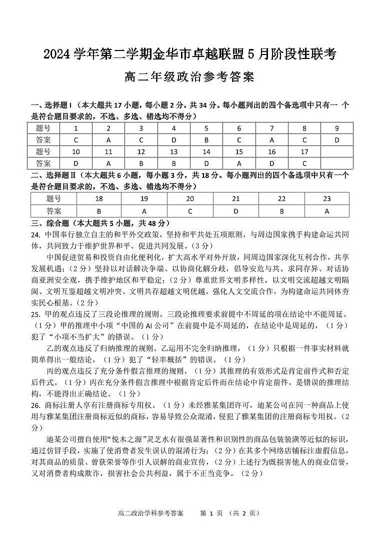 浙江省金华市卓越联盟2024-2025学年高二下学期5月阶段性联考政治答案第1页