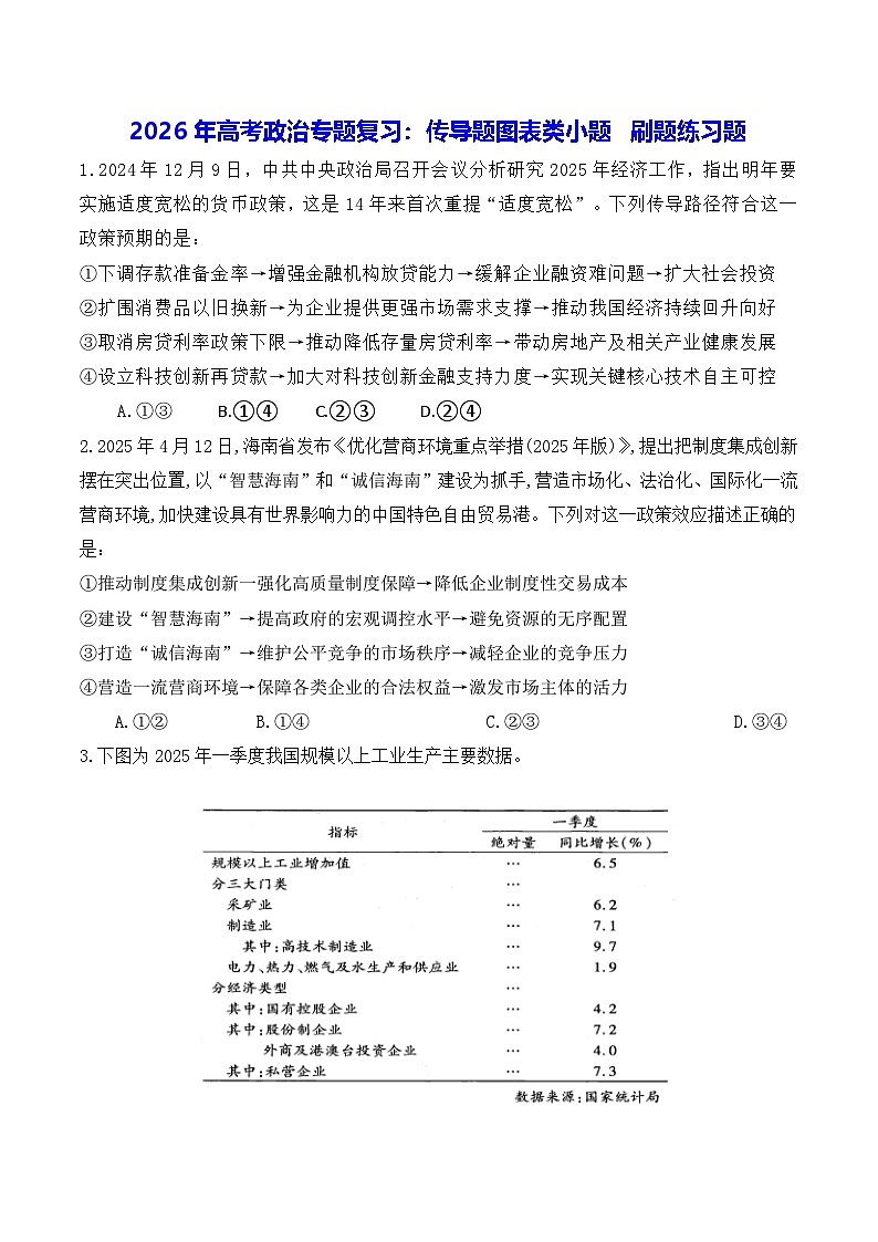 2026年高考政治专题复习：传导题图表类小题 刷题练习题（含答案）第1页