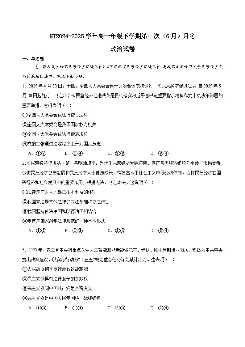 河北省石家庄市NT联考2024-2025学年高一下学期6月阶段测试政治试题（Word版附答案）第1页