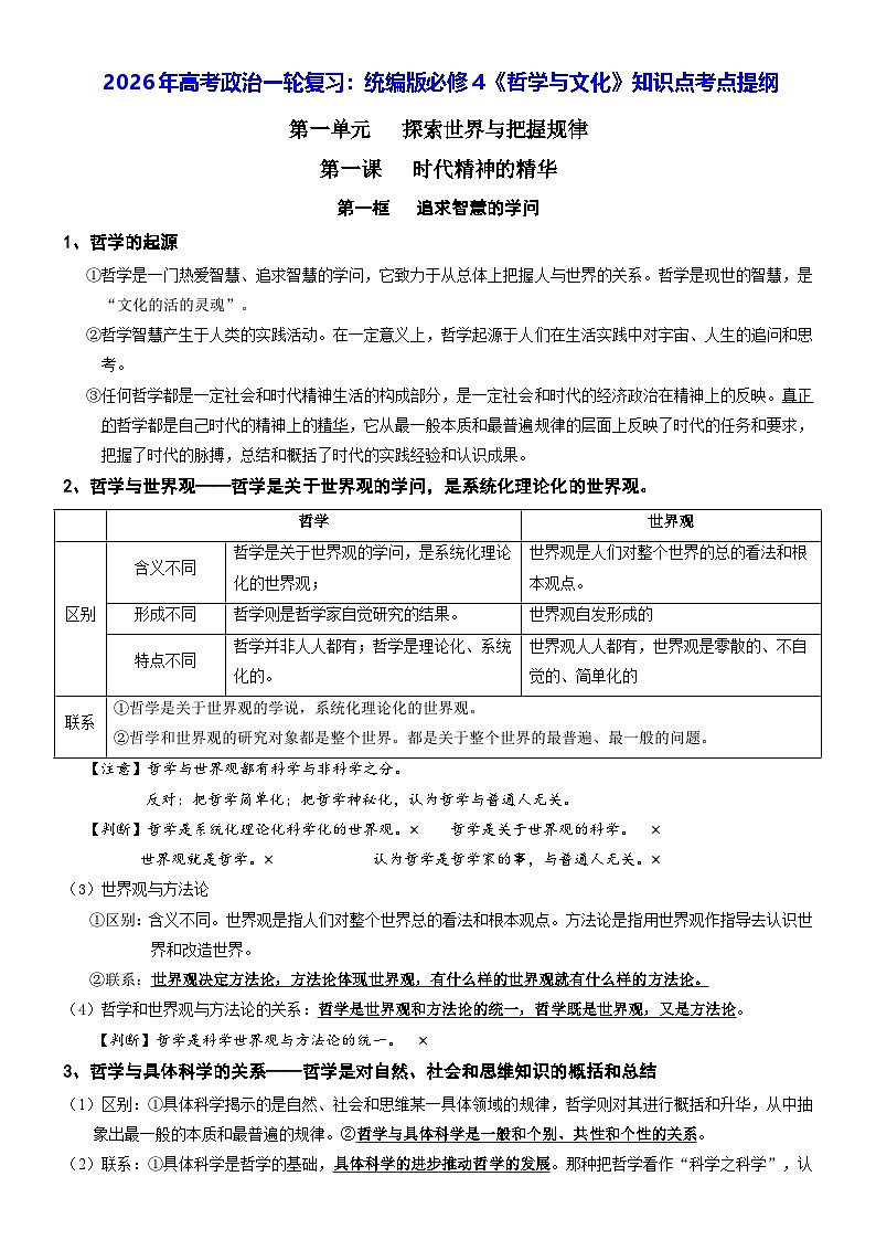 2026年高考政治一轮复习：统编版必修4《哲学与文化》知识点考点提纲 学案第1页