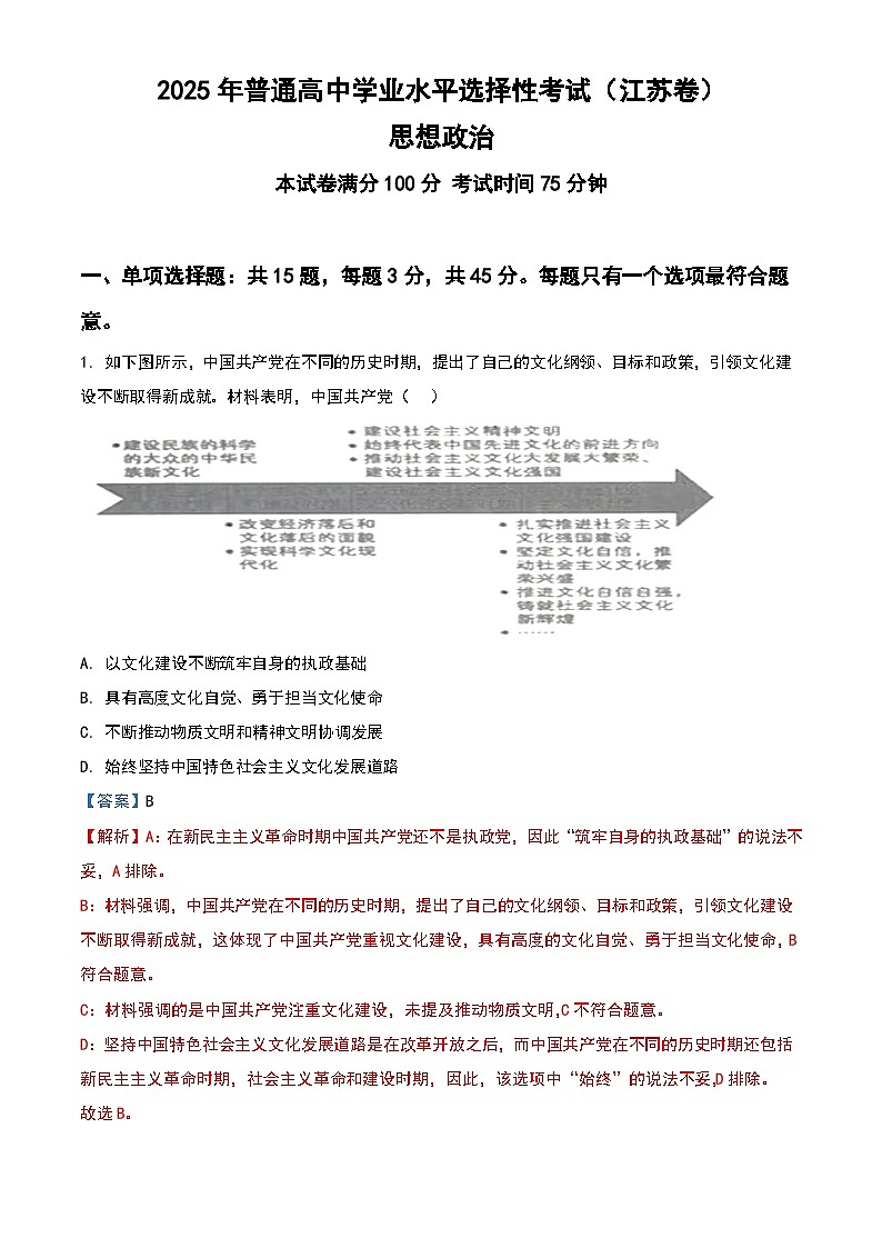 2025年普通高中政治学业水平选择性考试（江苏卷）（含解析）第1页