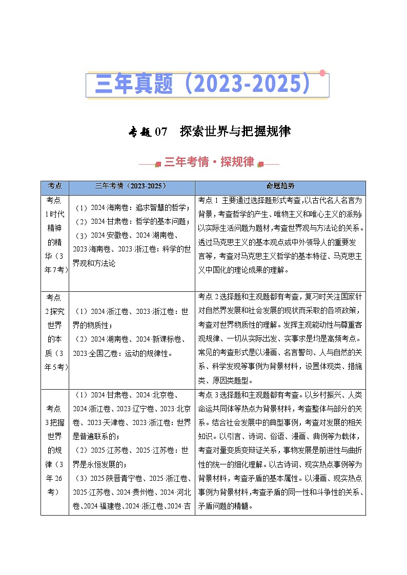 三年（2023-2025）高考政治真题分类汇编：专题07 探索世界与把握规律（全国通用）（原卷版）第1页