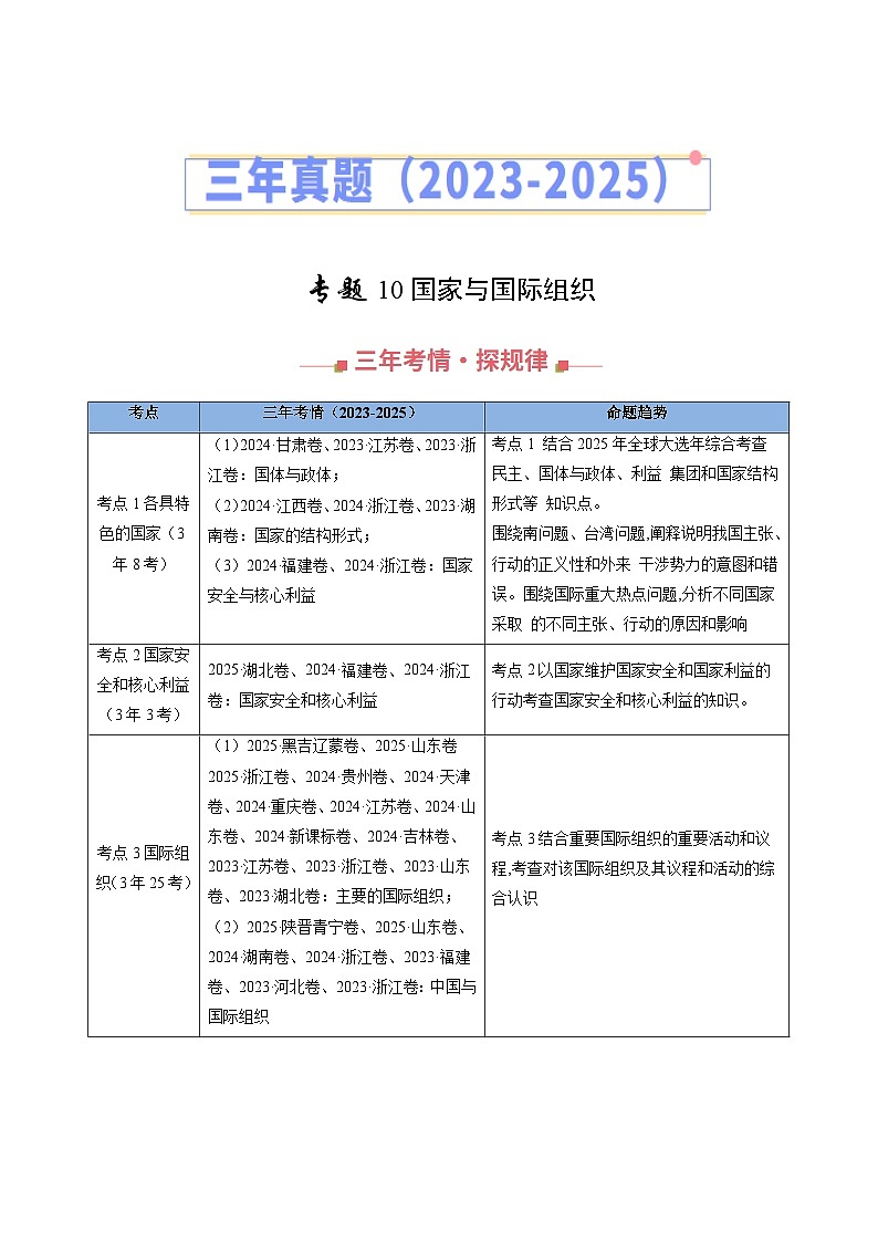 三年（2023-2025）高考政治真题分类汇编：专题10 国家与国际组织（全国通用）（原卷版）第1页