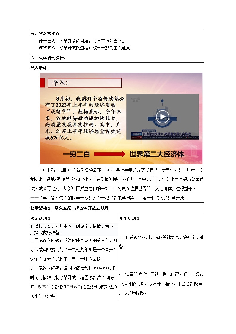 3.1伟大的改革开放 教学设计 统编版高中思想政治必修1中国特色社会主义第2页