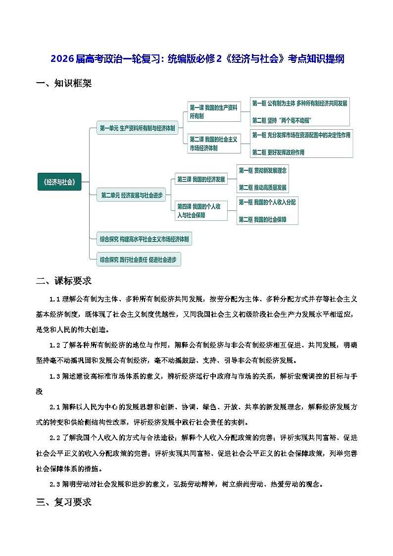 2026届高考政治一轮复习：统编版必修2《经济与社会》考点知识提纲 学案第1页