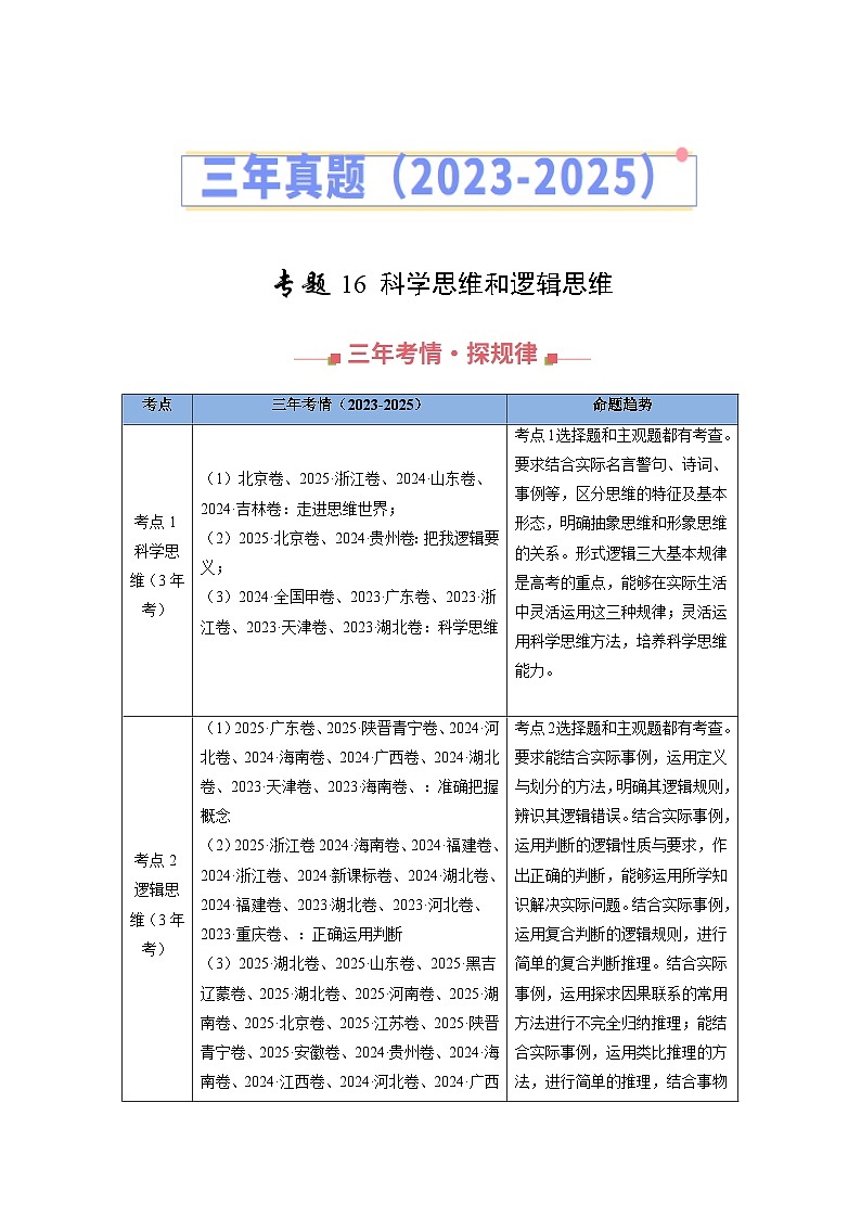 三年（2023-2025）高考政治真题分类汇编：专题16 科学思维和逻辑思维（全国通用）（原卷版）第1页