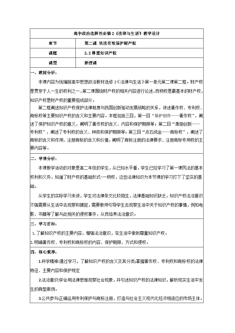 2.2尊重知识产权 教学设计 统编版高中政治选择性必修二《法律与生活》第1页