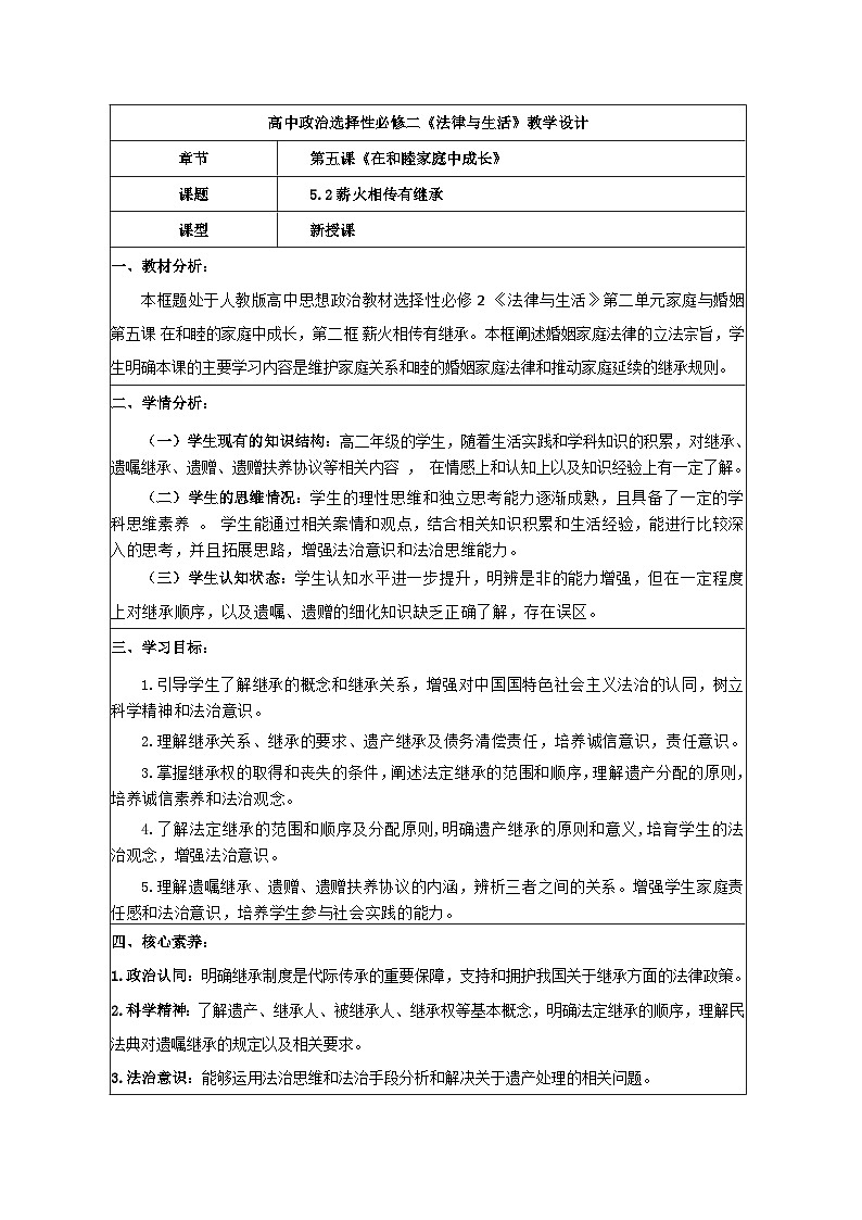 5.2薪火相传有继承 教学设计  统编版高中政治选择性必修二《法律与生活》第1页