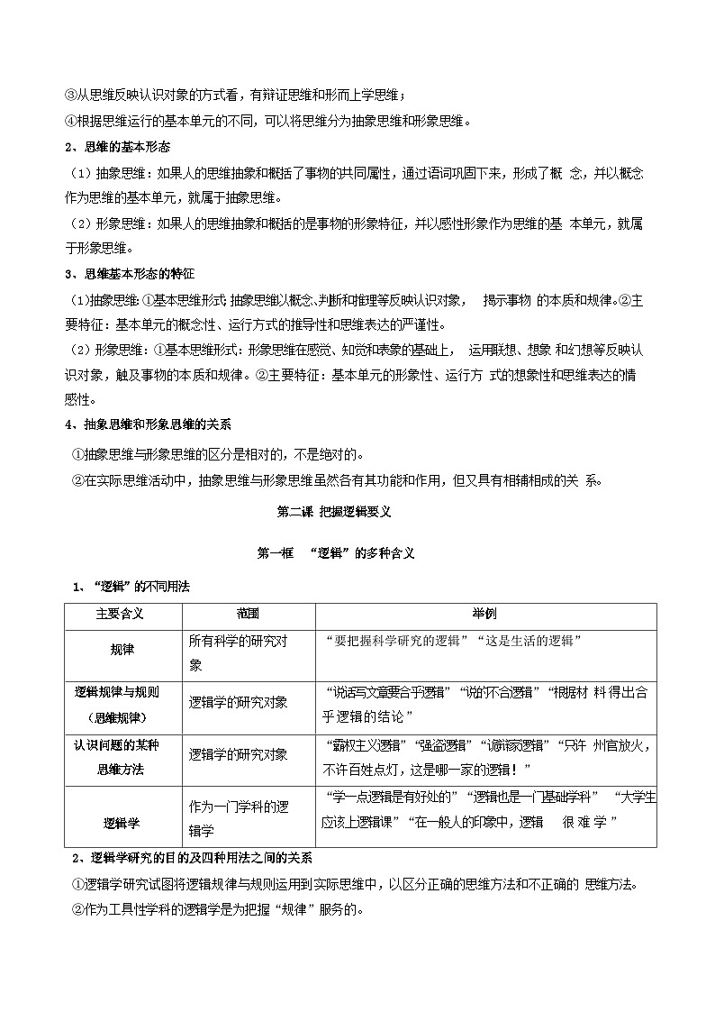 2026届高考政治一轮复习：统编版选择性必修3《逻辑与思维》知识点考点提纲 学案第2页