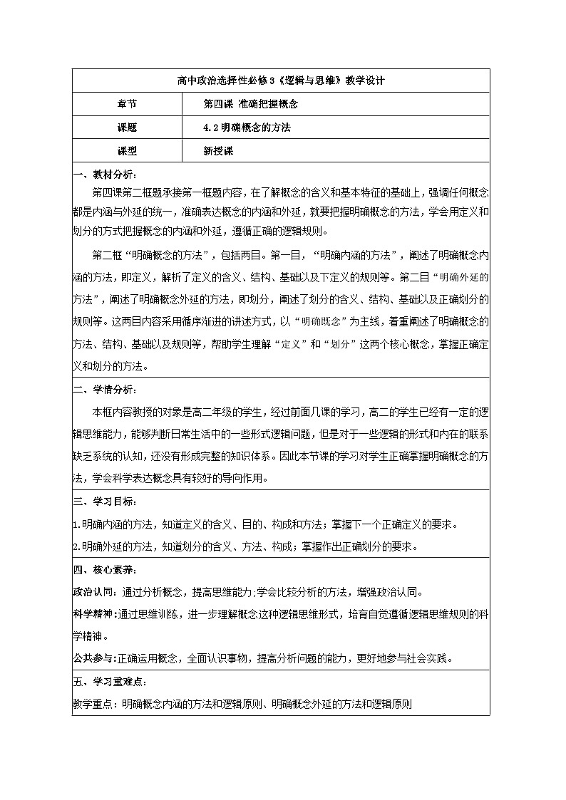 4.2明确概念的方法 教学设计 统编版高中政治选择性必修三《逻辑与思维》第1页