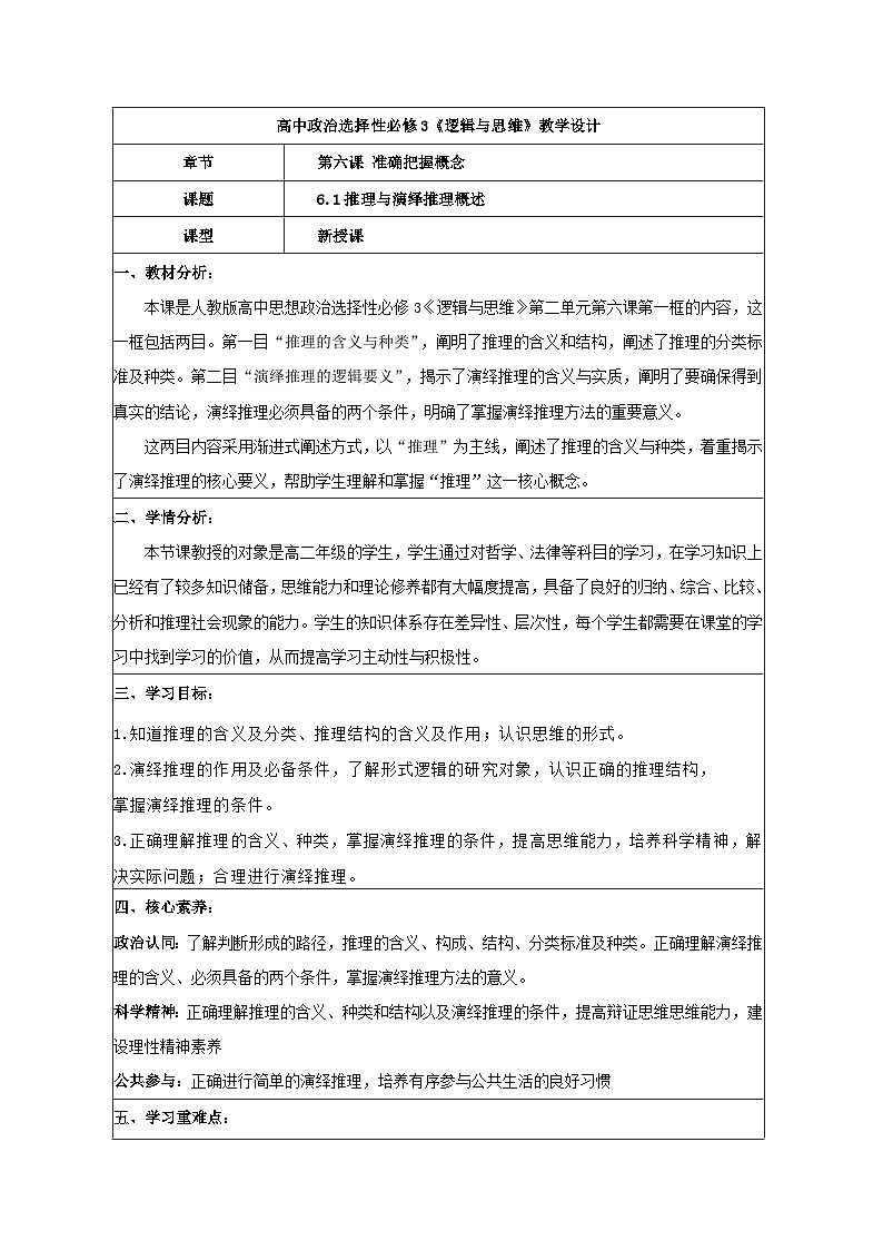 6.1推理与演绎推理概述 教学设计 统编版高中政治选择性必修三《逻辑与思维》第1页