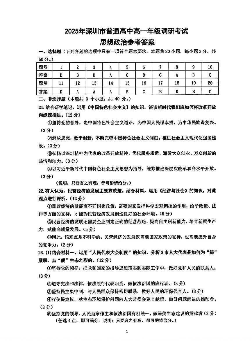 2025年深圳市普通高中高一年级调研考试 政治答案.pdf第1页