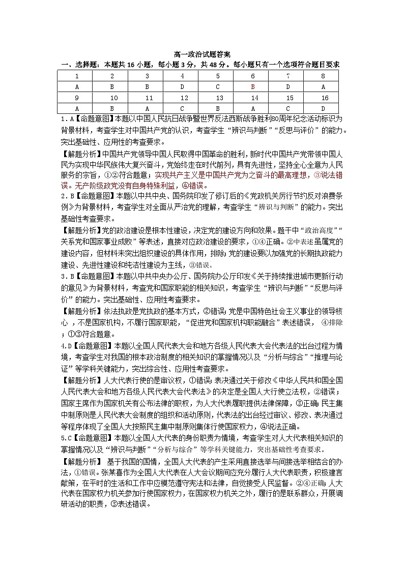 恩施州普通高中2024-2025学年高一质量监测考试 政治答案.docx第1页