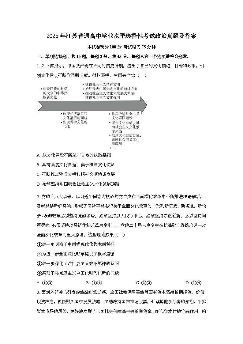 2025年6月江苏普通高中学业水平选择性考试政治试题[原卷]附答案第1页