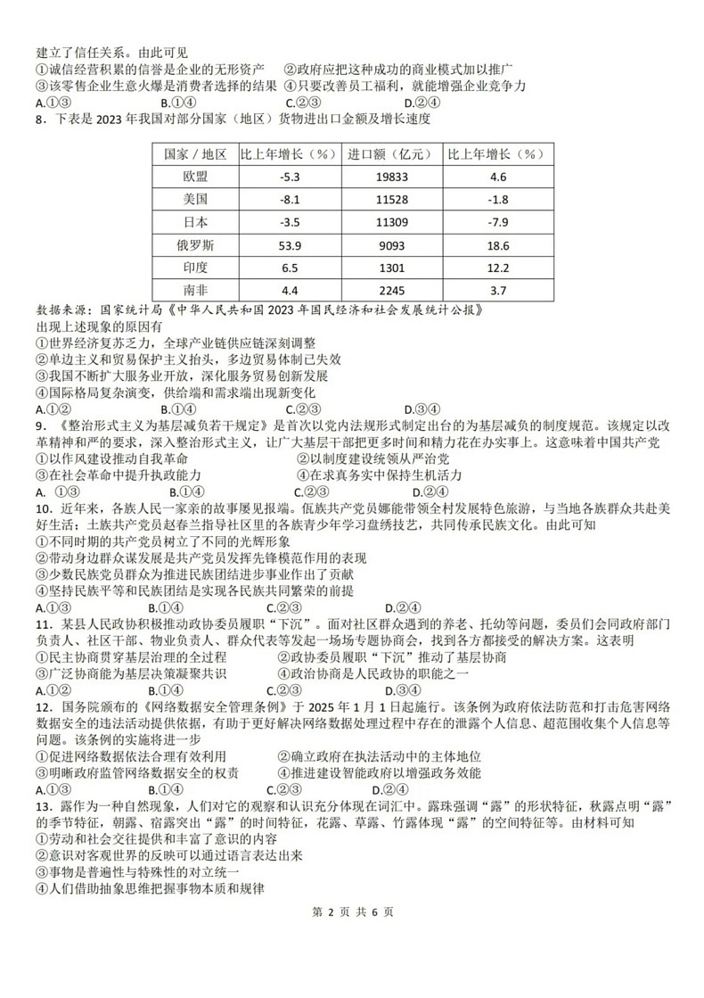 浙江首考2025年高三上学期1月普通高等学校招生全国统一考试政治试卷（含答案）第2页