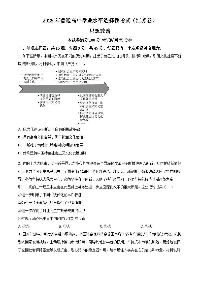 2025年高考真题——政治（江苏卷） 含答案第1页