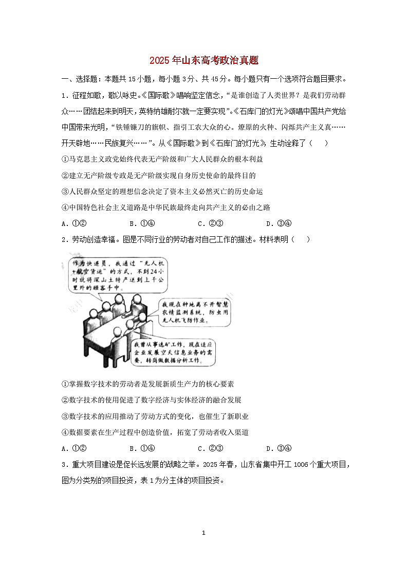 山东卷2025年高考政治真题无答案第1页