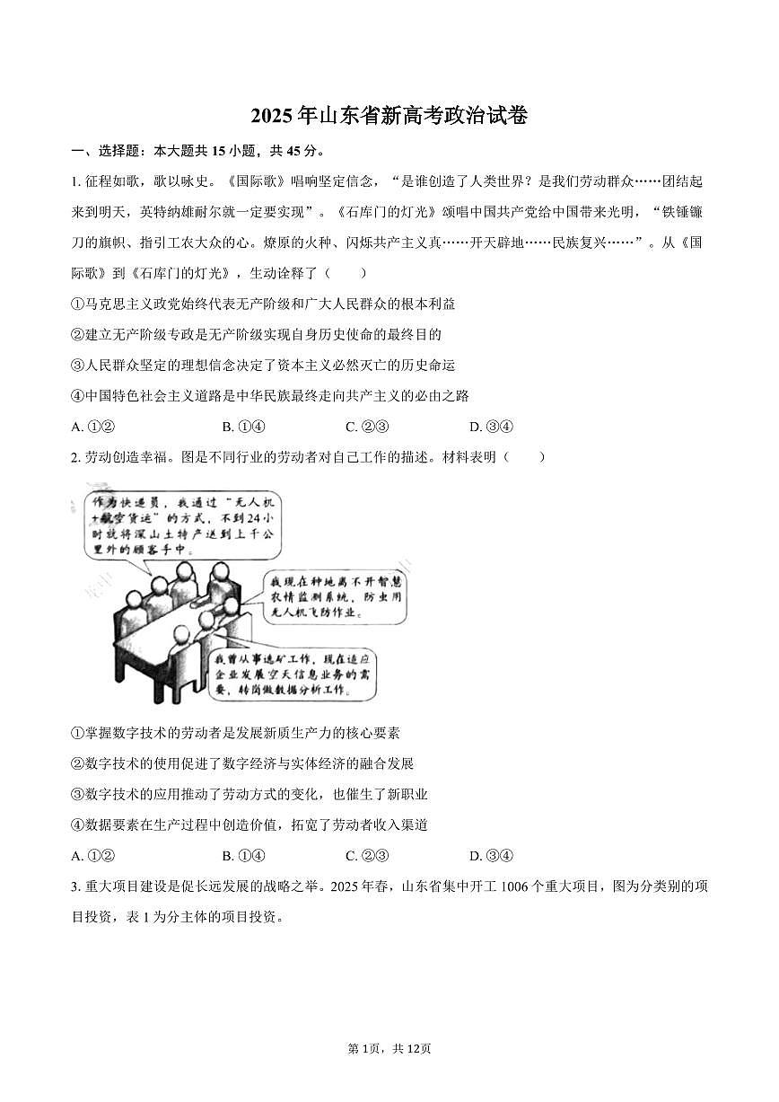 2025年山东省新高考政治试卷（含答案）第1页