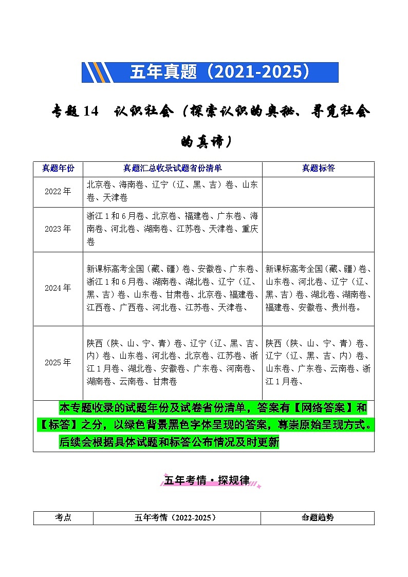 备战2026年高考精品试题汇编 政治 专题14 认识社会（探索认识的奥秘、寻觅社会的真谛） Word版含解析第1页