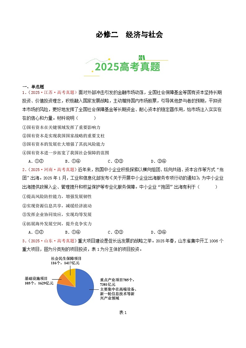 备战2026年高考政治（2025年真题分类汇编通用版）必修二《经济与社会》（全国通用）（原卷版）第1页