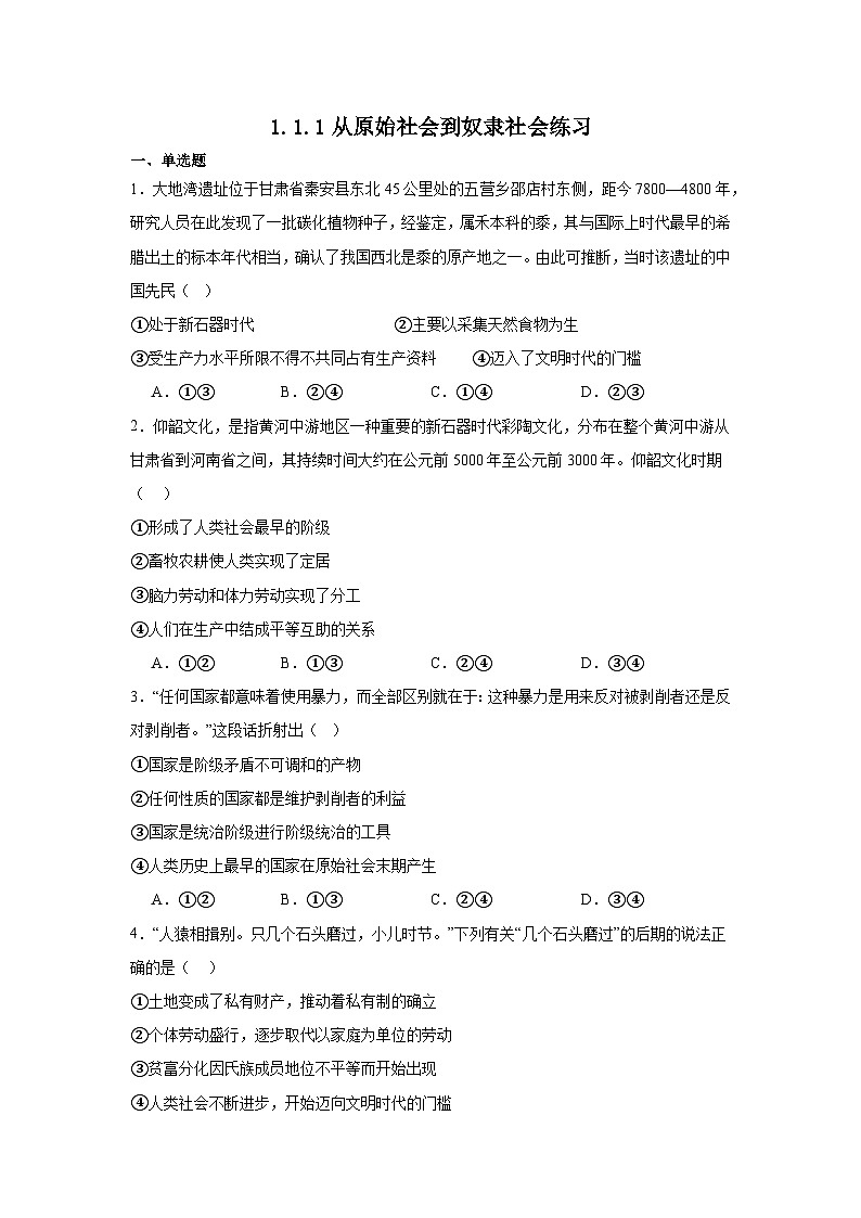 1.1.1从原始社会到奴隶社会（练习）（原卷版）第1页