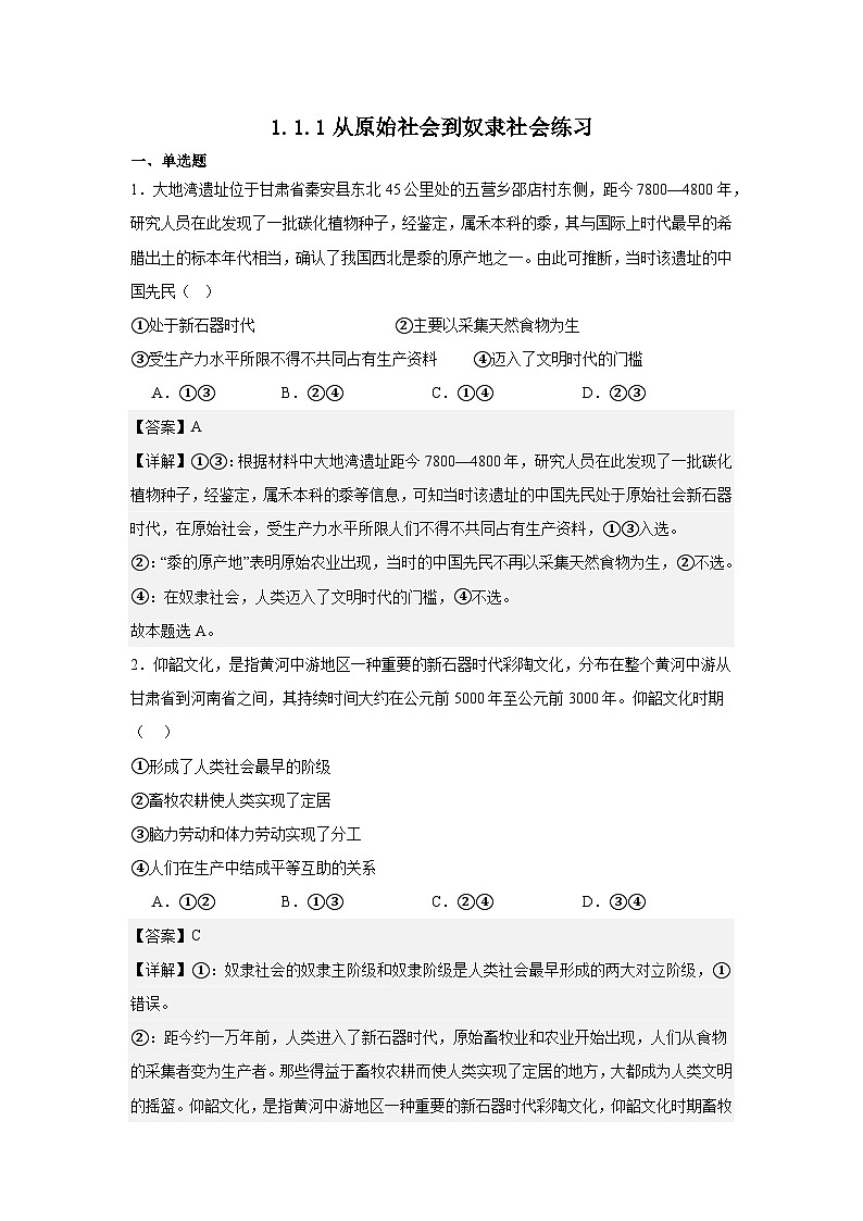 1.1.1从原始社会到奴隶社会（练习）（解析版）第1页