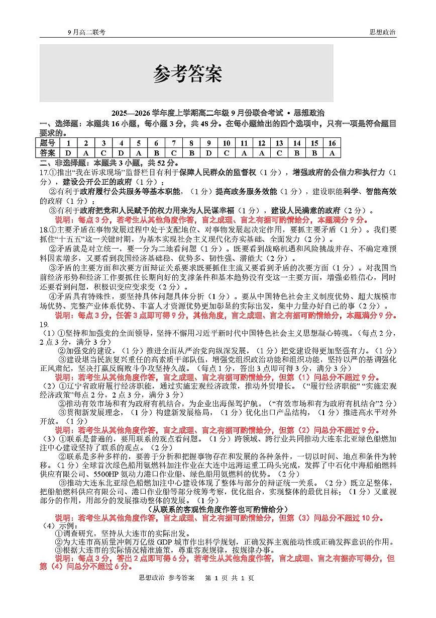 高二政治 高二9月联考政治试题参考答案第1页