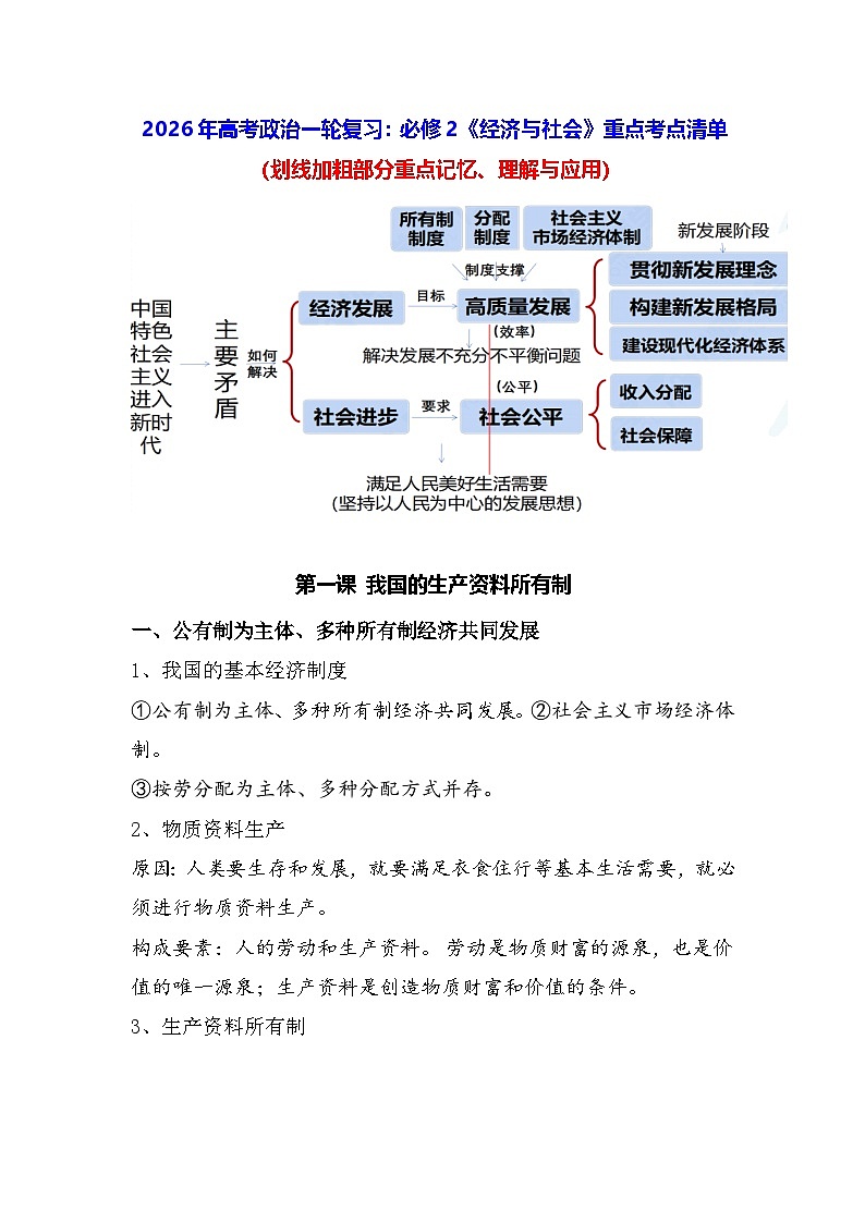 2026年高考政治一轮复习：必修2《经济与社会》重点考点清单 讲义第1页