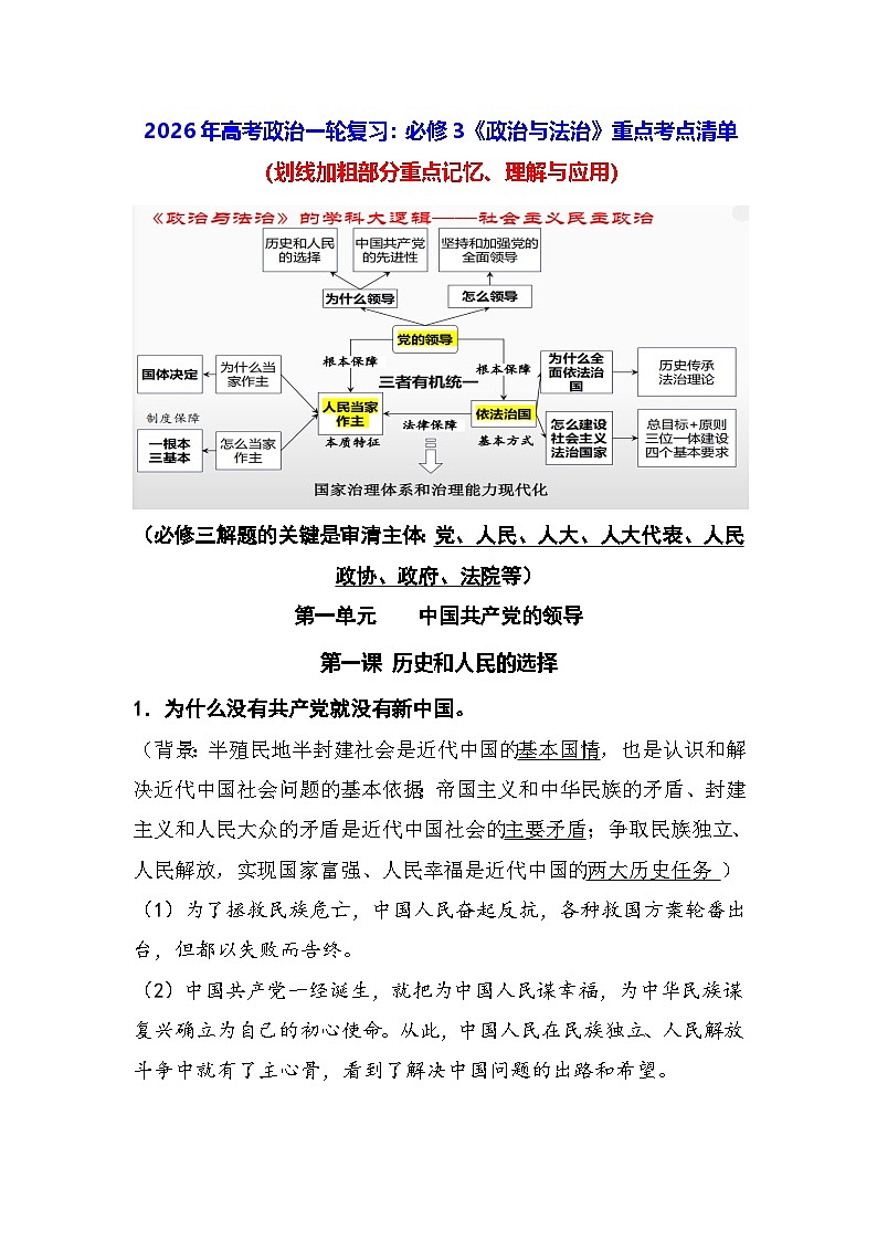2026年高考政治一轮复习：必修3《政治与法治》重点考点清单 讲义第1页