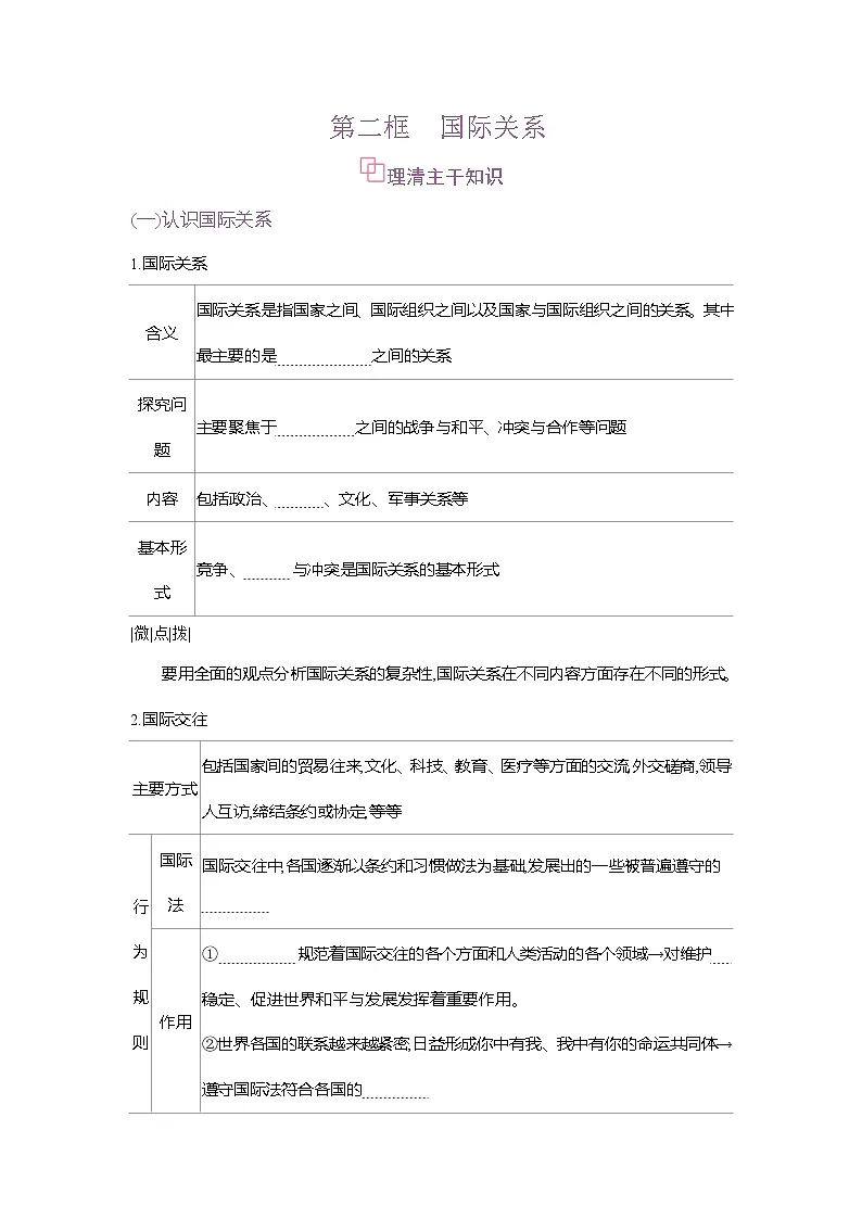 高二政治（统编版2019）选择性必修一导学案第三课第二框国际关系（Word版附解析）第1页