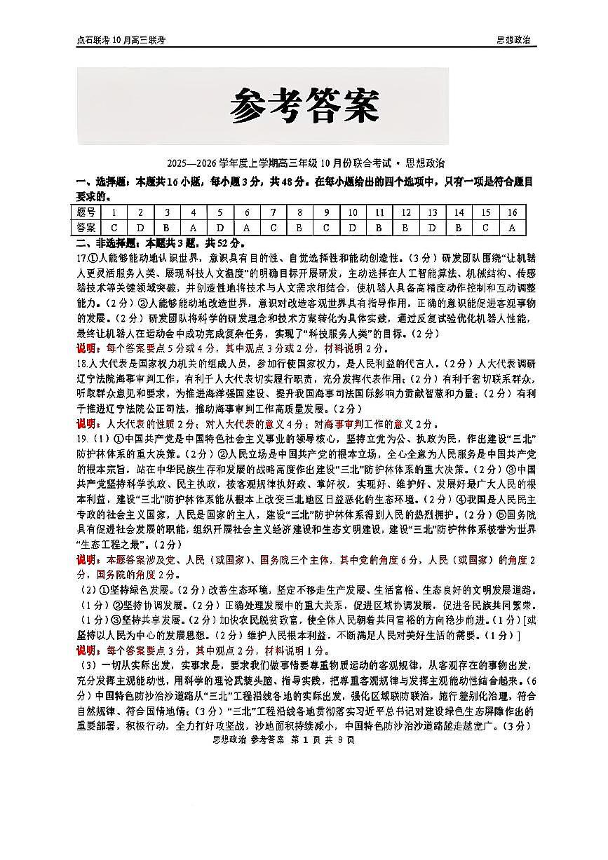 政治答案-辽宁点石联考2025-2026学年高三10月联合考试(1)第1页