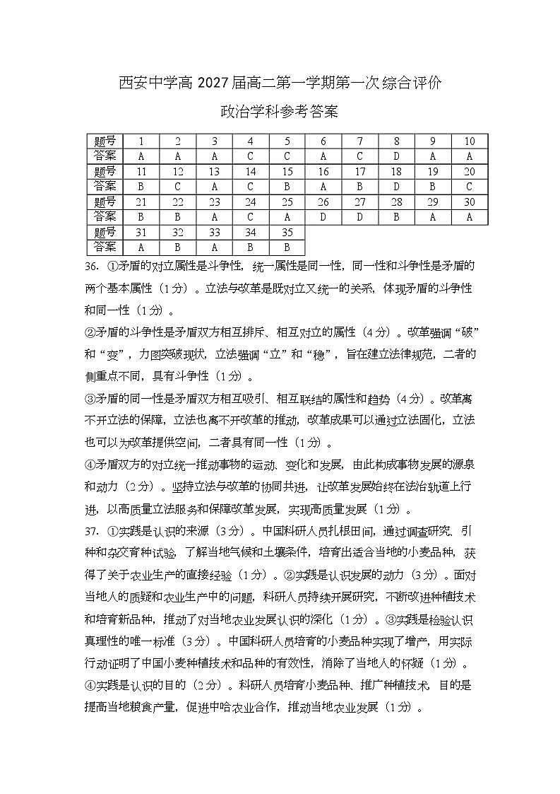 陕西省西安中学2025-2026学年高二上学期第一次综合评价 政治答案第1页