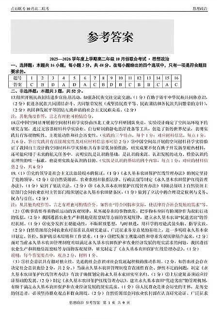 辽宁省点石联考2025-2026学年上学期高二年级10月份联合考试 政治答案第1页