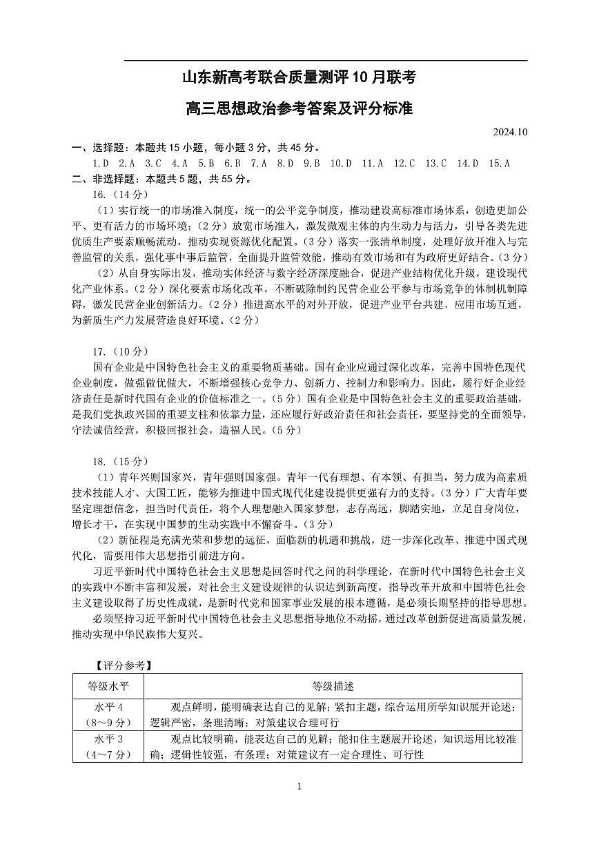 山东新高考联合质量测评高三10月联考试题+政治答案第1页