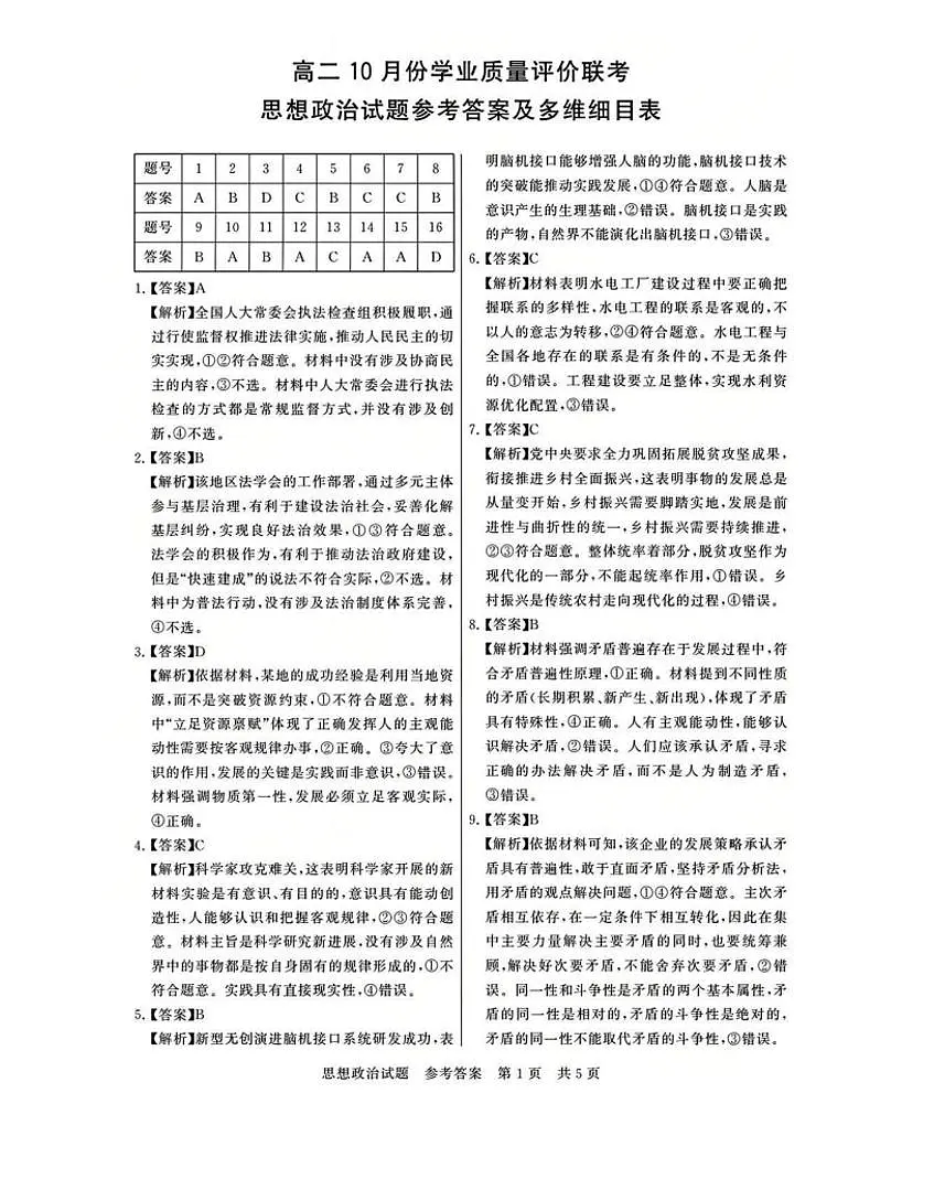 山西省T8联盟2025-2026学年高二10月学业质量评价联考+政治答案第1页