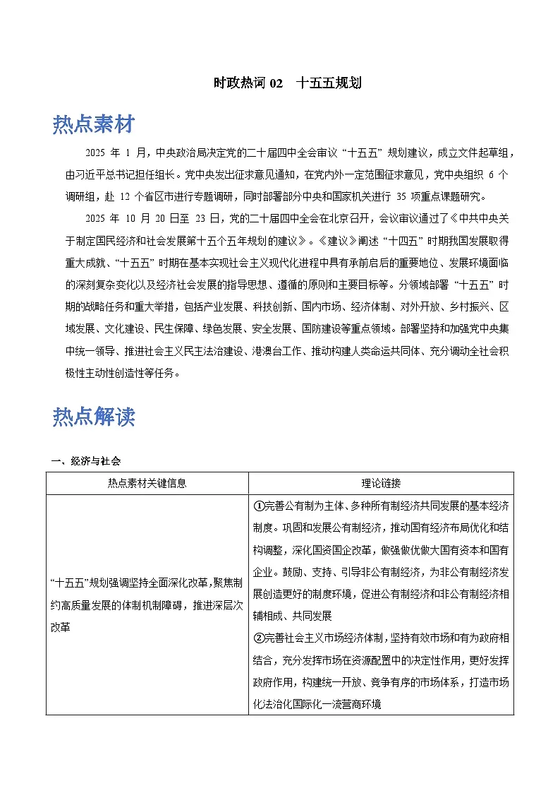 时政热词02 “十五五”规划（热词素材 热点解读 热点集训）-2026年高考政治最新时政热词积累与押题讲练（全国通用）第1页