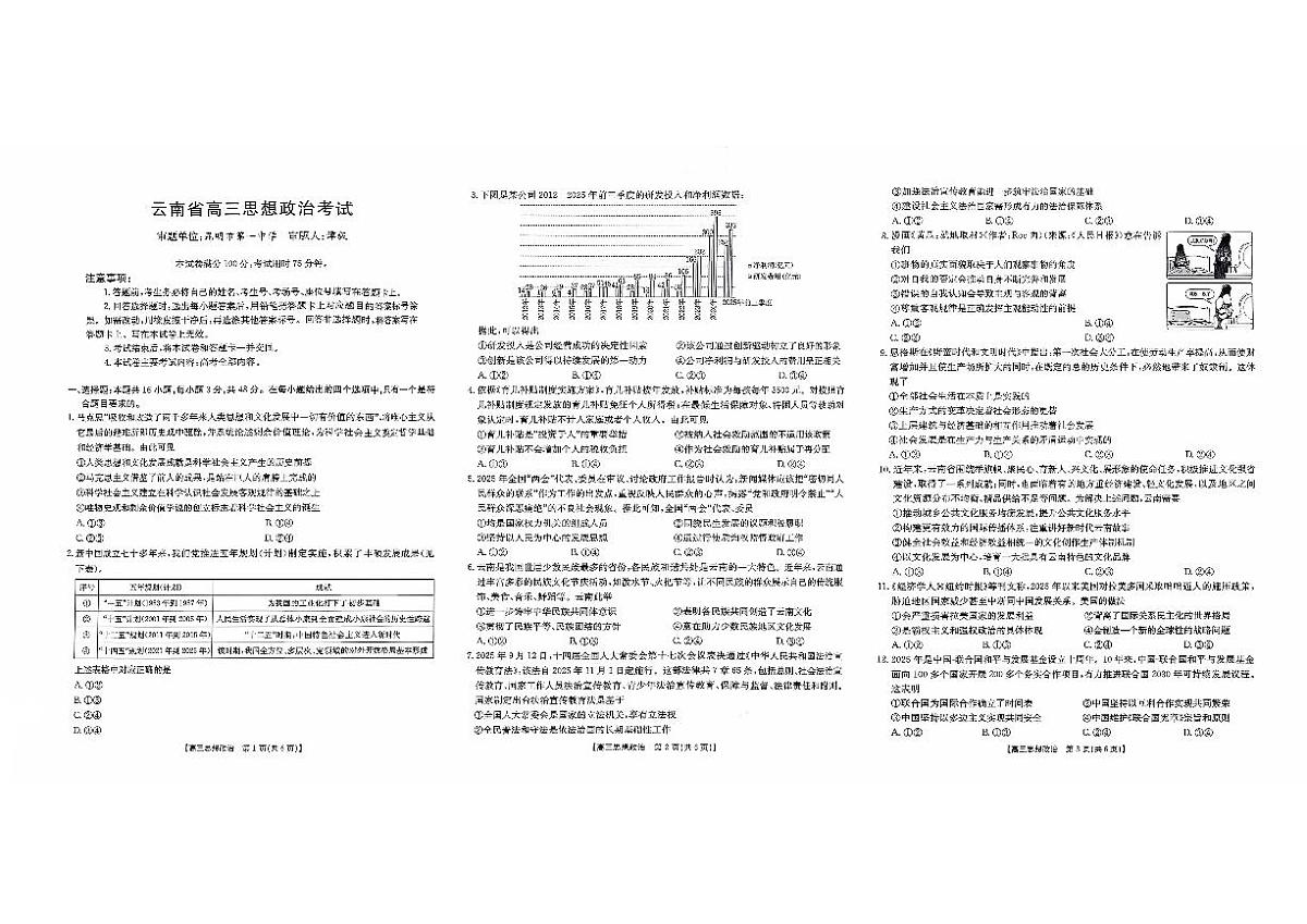 云南省思想政治考试试卷第1页