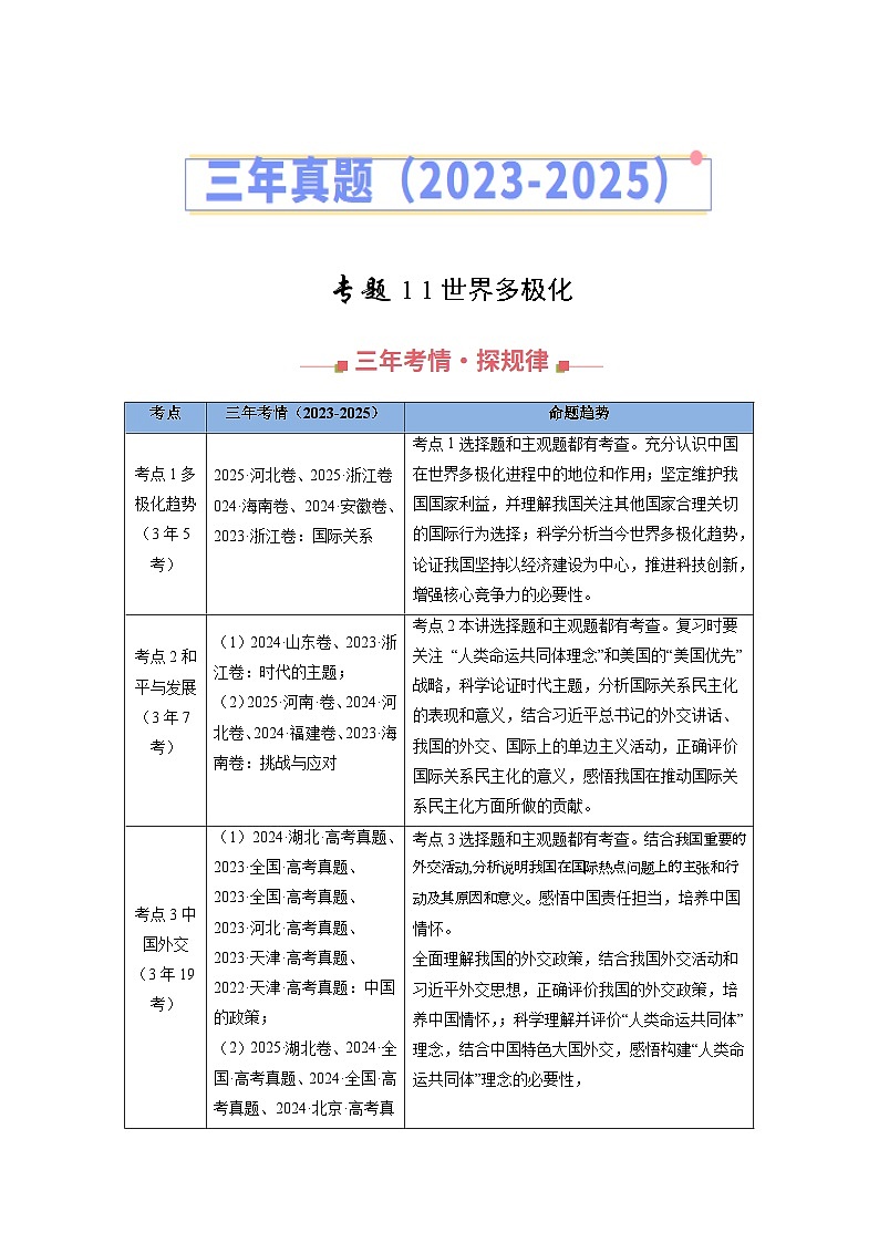 专题11 世界多极化（全国通用）（原卷版）第1页