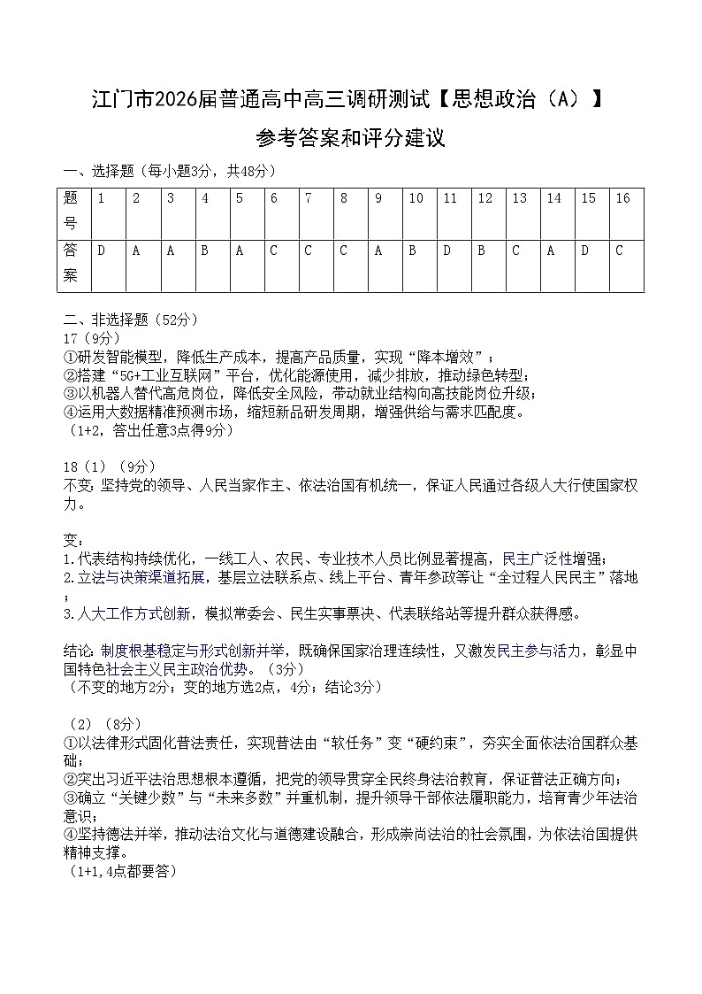 江门市2026届普通高中高三调研测试【思想政治A 参考答案和评分建议】第1页