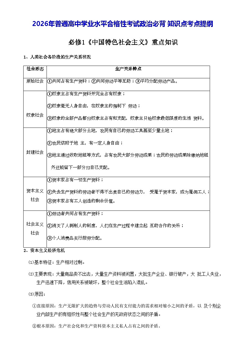 2026年普通高中学业水平合格性考试政治必背知识点考点提纲 讲义第1页