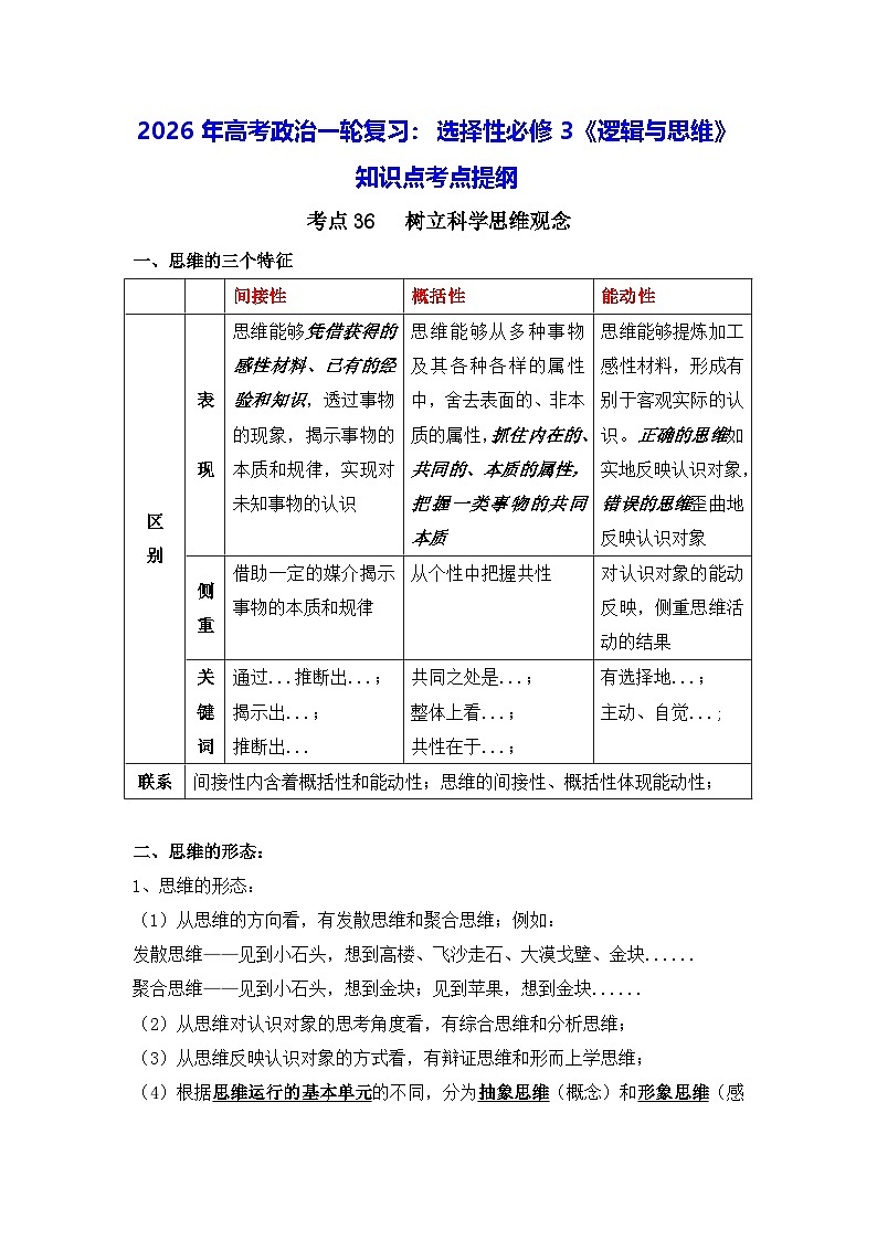2026年高考政治一轮复习：选择性必修3《逻辑与思维》知识点考点提纲 讲义第1页