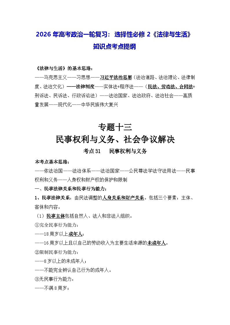 2026年高考政治一轮复习：选择性必修2《法律与生活》知识点考点提纲 讲义第1页