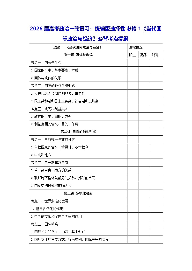 2026届高考政治一轮复习：统编版选择性必修1《当代国际政治与经济》必背考点提纲 讲义第1页