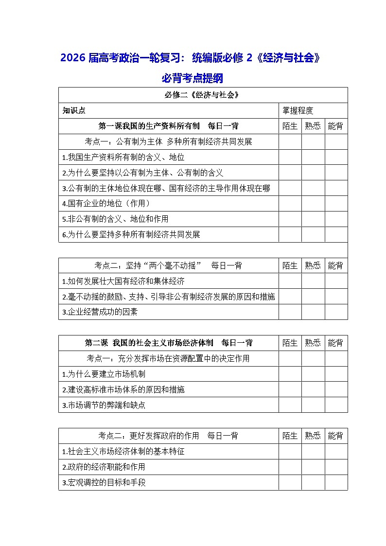2026届高考政治一轮复习：统编版必修2《经济与社会》必背考点提纲 讲义第1页