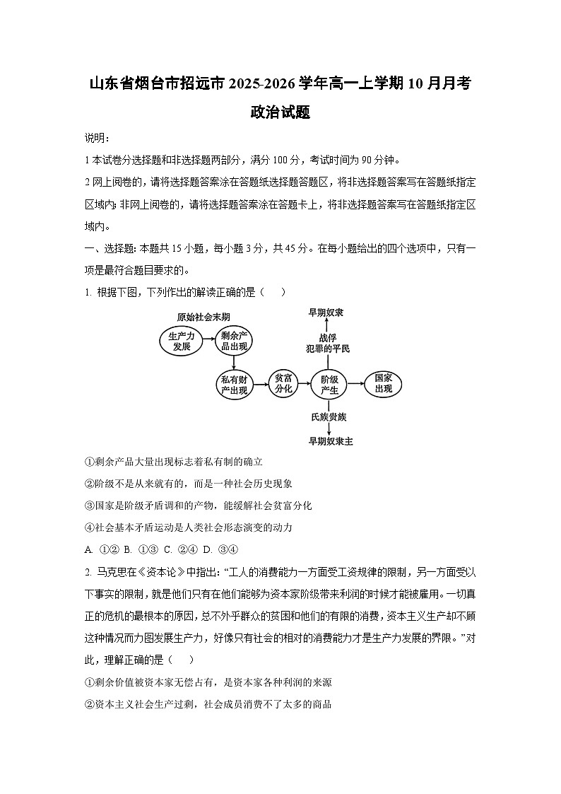 山东省烟台市招远市2025-2026学年高一上学期10月月考政治政治试卷（学生版）第1页