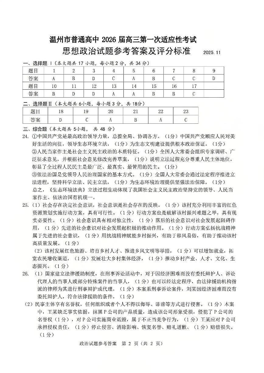 温州市普通高中2026届高三第一次适应性考试政治答案第1页