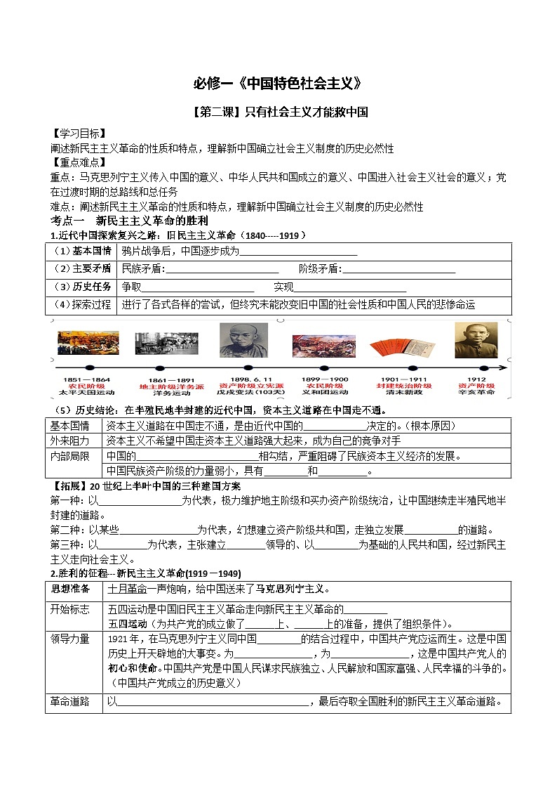 第二课+只有社会主义才能救中国+学案-2025届高考政治一轮复习统编版必修一中国特色社会主义第1页